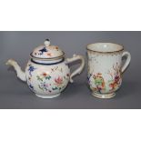 A Chinese export famille rose 'luohan' mug and a teapot and cover, Qianlong period tallest 16cm