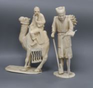 A Japanese sectional ivory camel group and a figure of a woodsman, early 20th century tallest 19cm