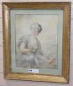 Attributed to Cipriani, pencil, sepia chalk and wash, Maiden holding a flower, 37 x 30cm