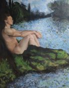 Modern British, oil on canvas, Nude seated on a river bank, monogrammed, 110 x 87cm, unframed