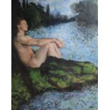 Modern British, oil on canvas, Nude seated on a river bank, monogrammed, 110 x 87cm, unframed