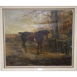 N. Drummond, oil on canvas, Saddled horse at a country gate, signed, 62 x 75cm