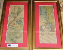 Chinese School, pair of studies on silk, Court scenes with scholars, 35 x 13cm