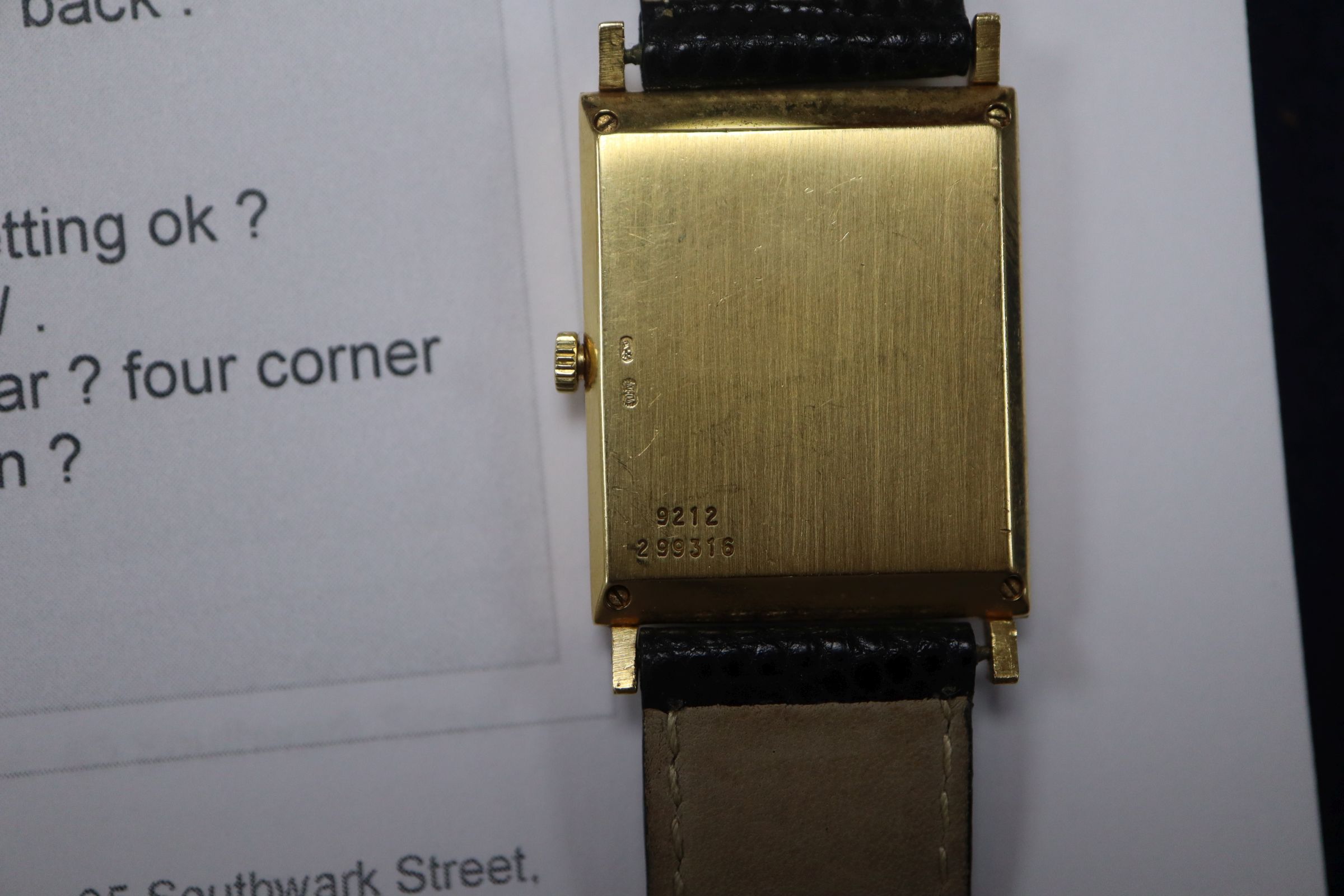 An 18ct gold Piaget rectangular dial manual wind wrist watch, on associated leather strap. - Image 2 of 2