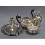 A modern silver salver (12.5oz) and sundry plated wares, including an oval half-fluted teapot and