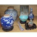 A Chinese blue and white jar, another and mixed Chinese ceramics