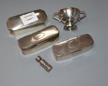 Three silver pin boxes, a silver two handled salt and a mounted scent bottle.