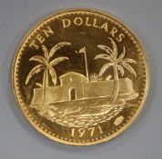 A Bahamas gold 10 dollars coin, 1971.