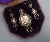 A 19th century Austro-Hungarian gilt metal, enamel, garnet and seed pearl set drop pendant brooch