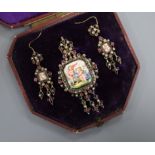 A 19th century Austro-Hungarian gilt metal, enamel, garnet and seed pearl set drop pendant brooch