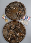A copper electrolyte plaque depicting 'Ferdinand & Ariel' after William Wyon and four other items,