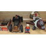 A "Machine robot" toy, boxed, a tin plate racer, a clown pilot and a similar car