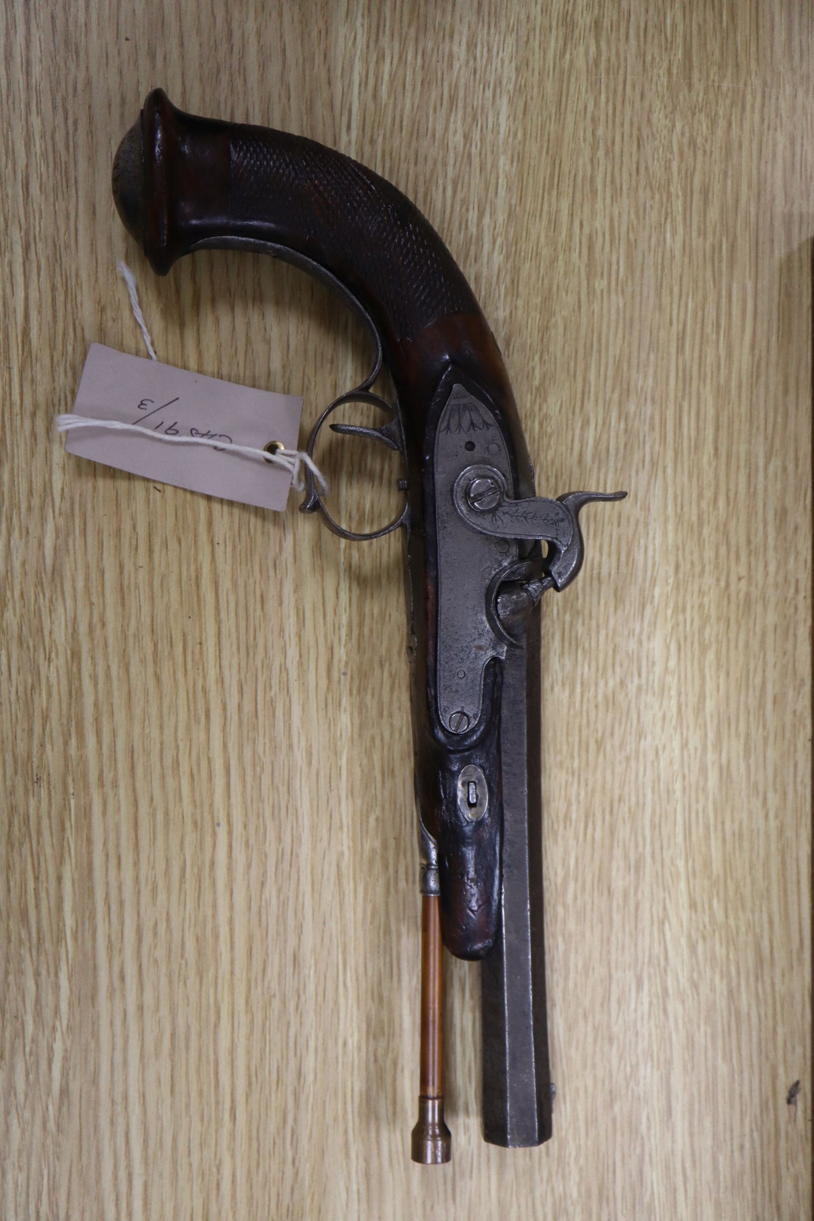 A European percussion over-coat pistol, with later ramrod - Image 2 of 5