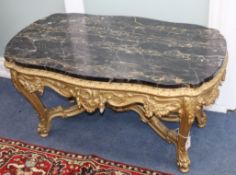 A giltwood marble top Continental low table W.104cm