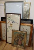 A Berlin needlework, seven other needleworks, a woolwork picture and a work panel W.92cm