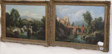 19th Century Italian School, pair of oils on canvas, River landscapes with figures and houses, 38