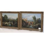 19th Century Italian School, pair of oils on canvas, River landscapes with figures and houses, 38