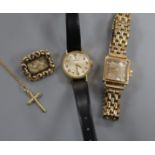 A Cortebert 18k 750 cased ladys' wristwatch, a 375 cross pendant on fine chain, a pinchbeck mourning