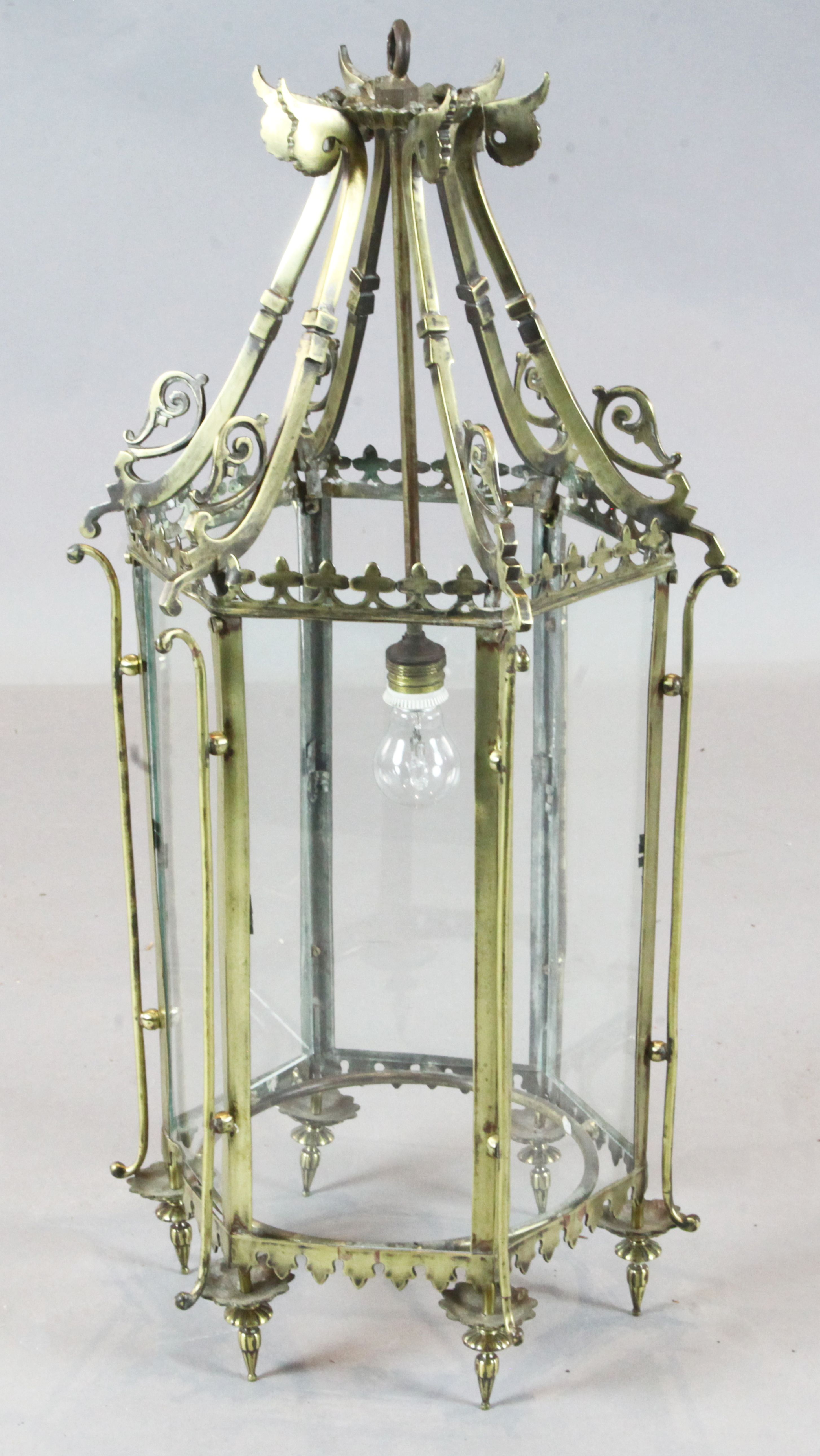 A Victorian brass hexagonal hall lantern, height 31in. diameter 15.5in.