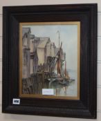 Dorothy Cox (1882-1940), watercolour, Sail barges alongside the wharf, signed, 29 x 24cm