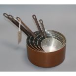 A set of five graduated copper saucepans