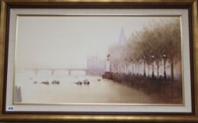 Raymond Klitz, oil on canvas, Westminster Palace from The Thames, signed, 40 x 75cm