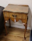 A pair of small George I style burr walnut shaped front bedside chests W.54cm