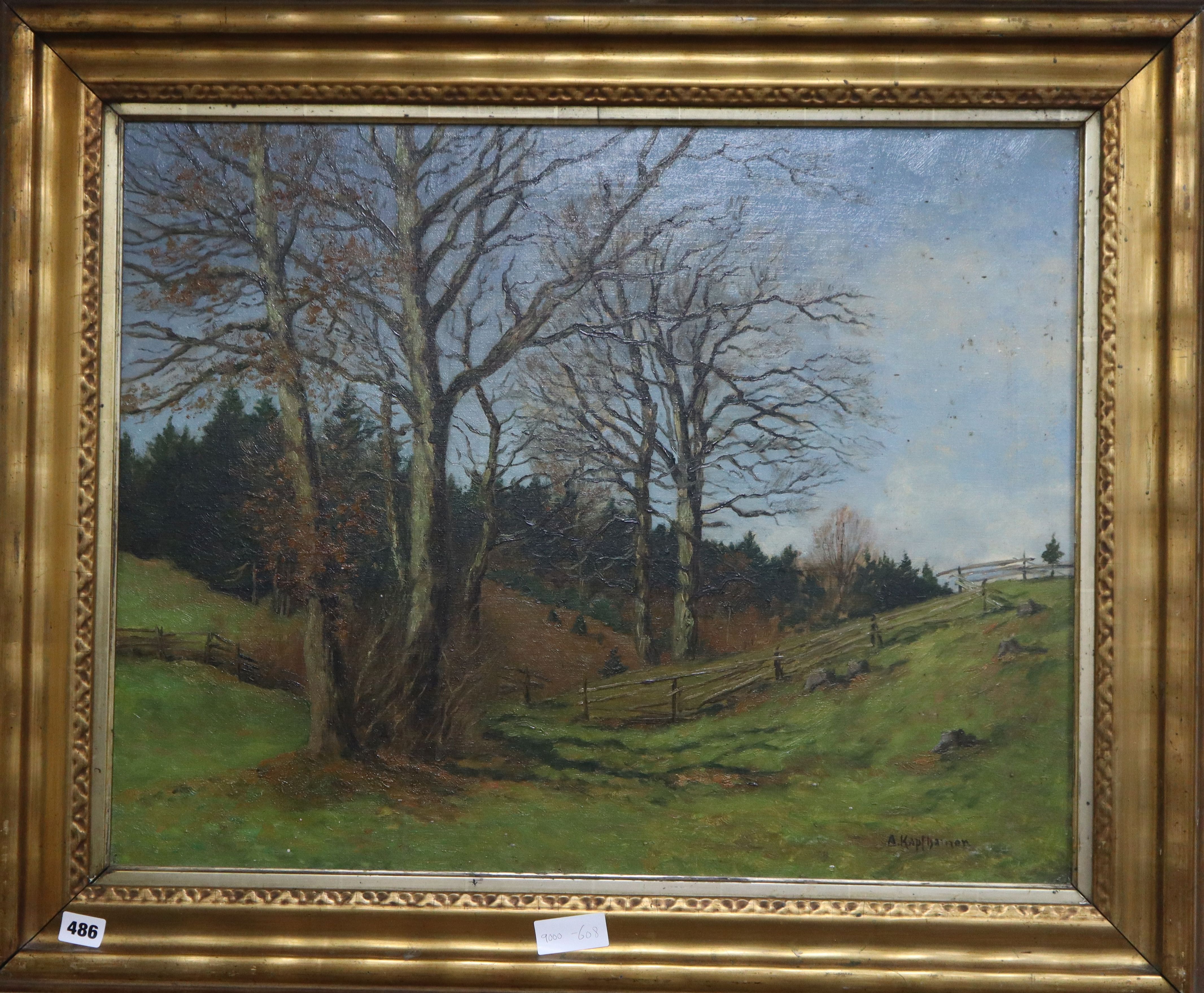Adolf Kapfhamer (1867-1911) oil on canvas, Trees in a landscape, signed, label remnant verso, 54 x