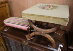 A Victorian rosewood X frame stool together with a Victorian footstool