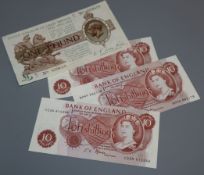 A George V Warren Fisher One Pound note, serial no. 659618 and three J.S. Fforde Ten Shilling