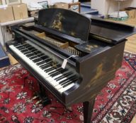 An early 20th century chinoiserie lacquer Challen baby grand piano