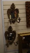 A pair of Victorian style mirrored brass two branch wall lights H.46cm