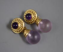 A pair of Etruscan style 18ct gold, amethyst and pink quartz earrings, in Boodle & Dunthorne box