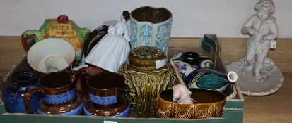 Two lustre jugs and mixed pottery and ceramics