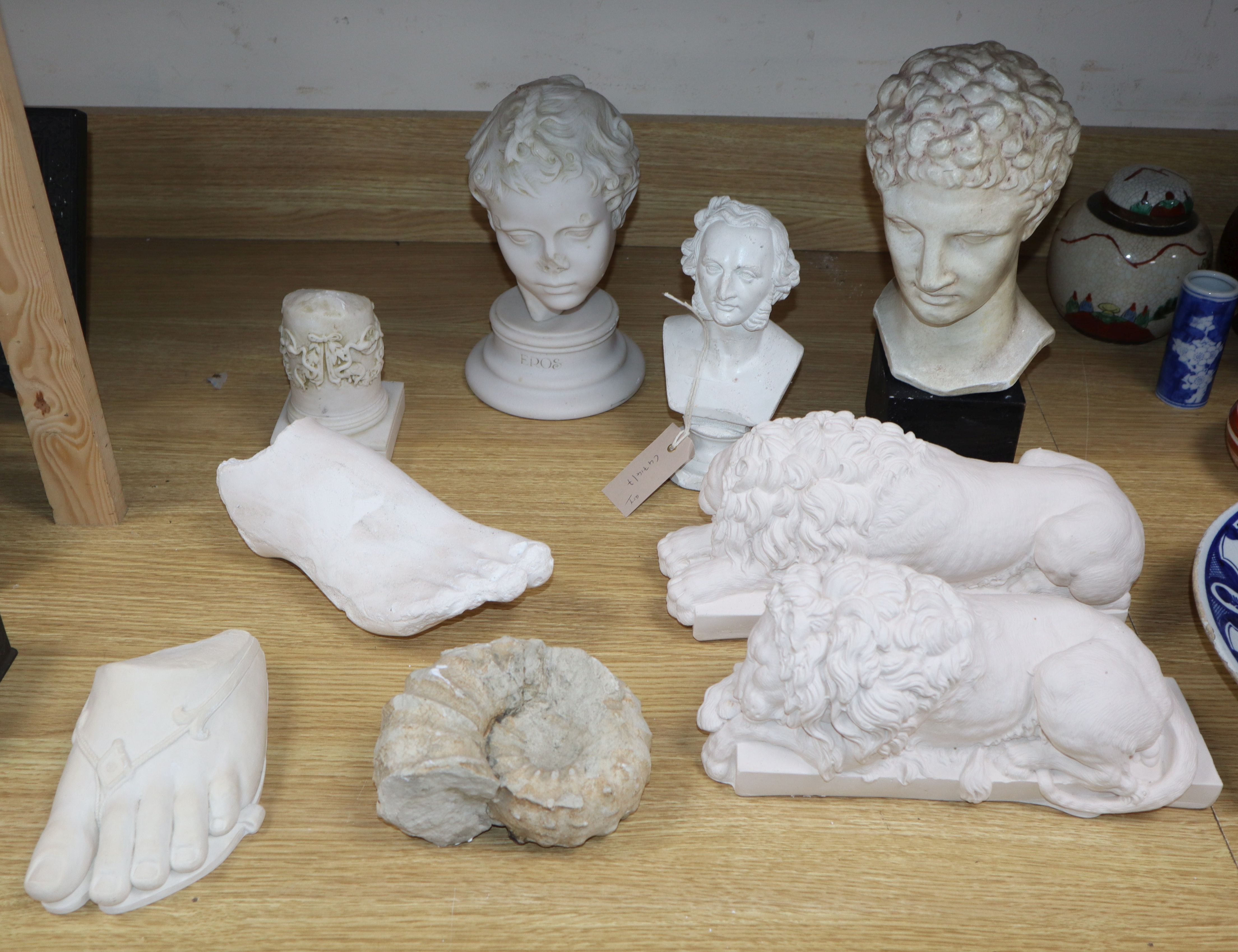 After the Antique. A collection of plaster busts etc tallest 30cm
