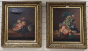 Henri Calas, pair of oils on canvas, Still lifes of fruit on ledges, signed, 60 x 50cm