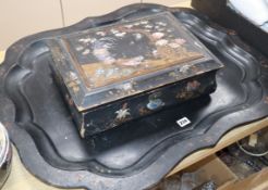 A Victorian papier mache tea tray and a mother of pearl inlaid casket casket width 40cm