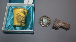 A miniature silver piano, a Persian enamelled box and a Bilston and Battersea enamel cup