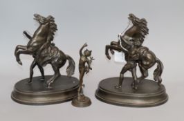 A pair of bronzed Marli horses and a small Mercury figure tallest 21cm