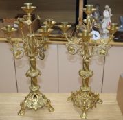 A pair of French gilt metal four branch five candelabra height 51cm