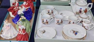 Six small Royal Doulton figurines and an early 20th century child's teaset