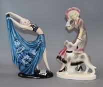 A Goldscheider figure of a dancer, designed by a Lorenzl and a German Art Deco pottery groups (2),