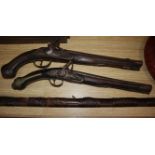 A Continental brass mounted flintlock pistol and another pistol and a rifle rifle 170cm