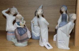 A Lladro figure Sagittarius, Girl with hat, Two girls kissing, Lady with scarf and Spring is here (