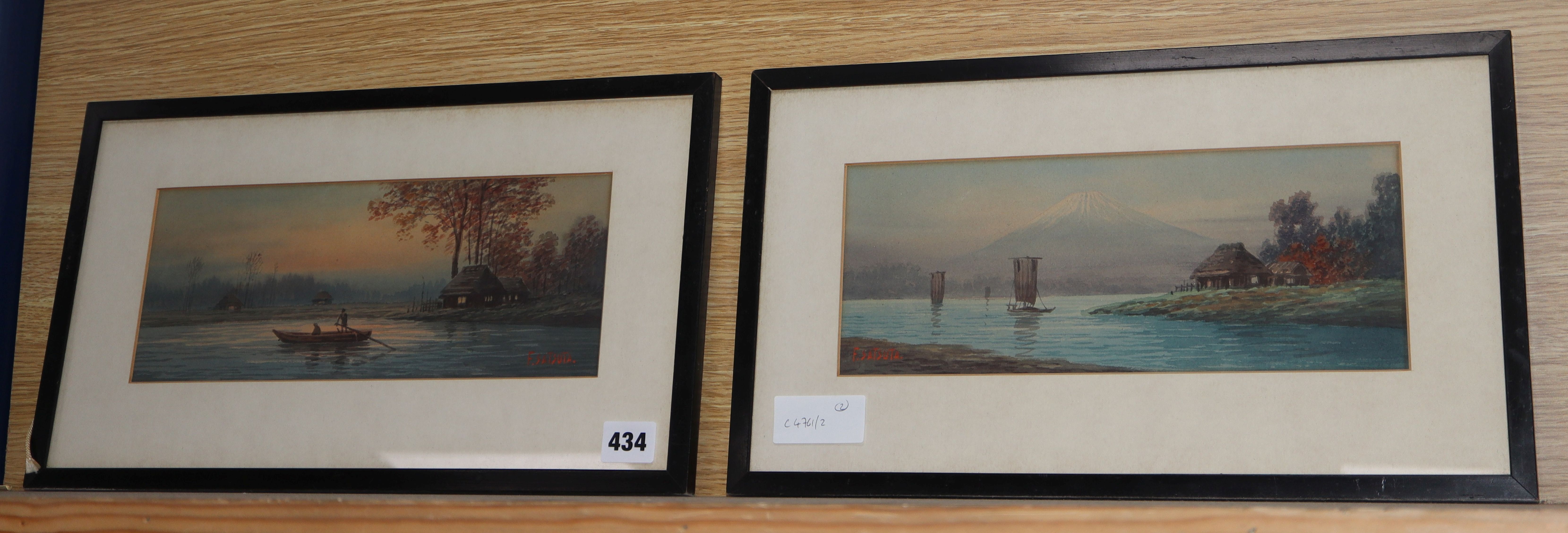 Emiko Satsuta, pair of watercolours, View of Mount Fuji and Figures on the water, signed, 12 x 29cm