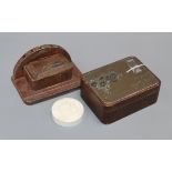 A Japanese bronze and wickerwork box, an ivory cover and a lacquer inkwell