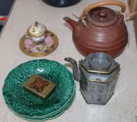 A pottery teapot, three green leaf plates, an ink stand, etc.