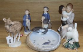 A Royal Copenhagen model of a mother and child, two boys, a deer, a dove and a crab/shell dish (6)