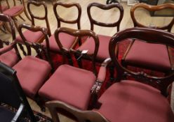 Six Victorian mahogany buckle back dining chairs (4 drop-in seats, 2 stuffover seats) and a pair