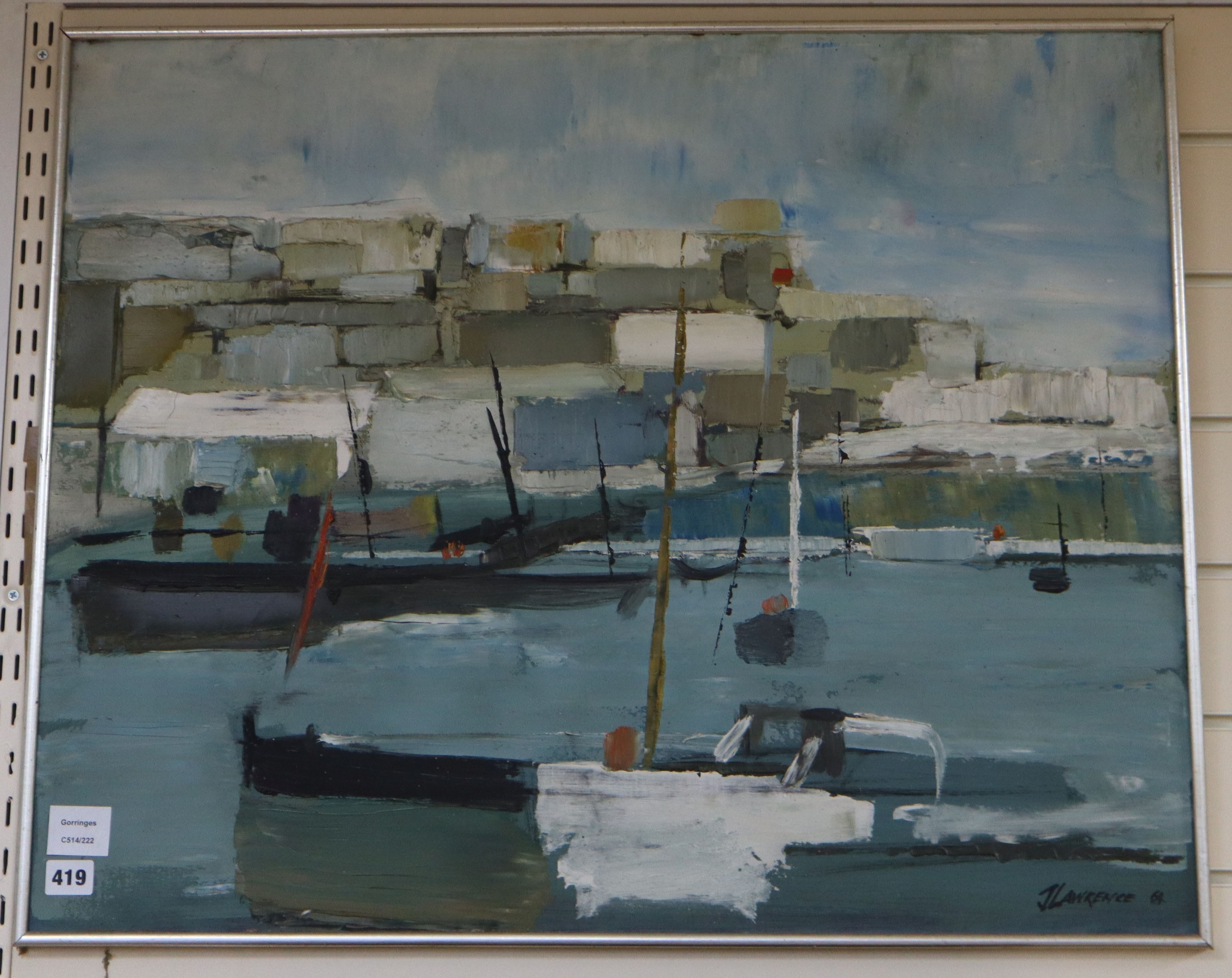 John Lawrence (b.1934), oil on board, Fishing boats in harbour, signed and dated '64, 60 x 75cm